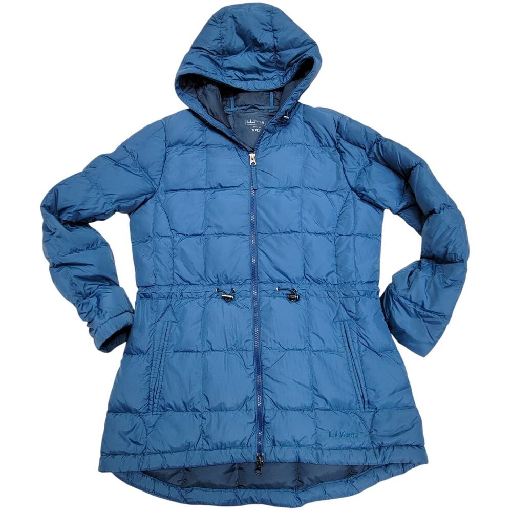 LL Bean Down Puffer Jacket Womens Small Petite Blue DownTek Hooded Coat